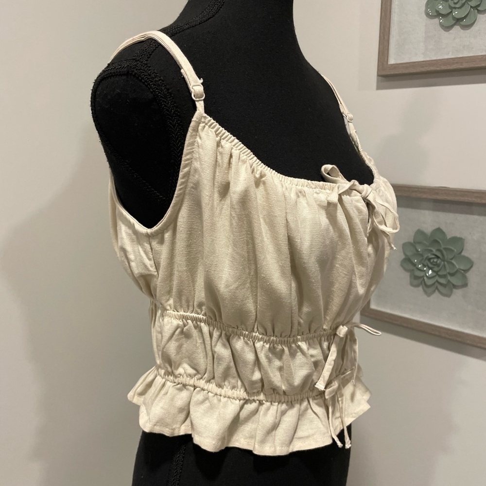 Midnight Sky Cream Linen Blend Ruched Tiered Cami Top With Ties NWT! - Picture 3 of 9